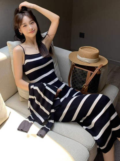 Orielle Striped Dress With Cardigan-The Black Bow-