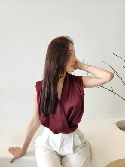 Cadey Front Wrap Satin OL Top-The Black Bow-