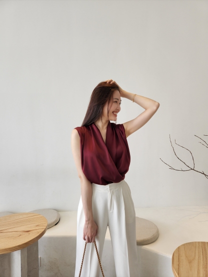 Cadey Front Wrap Satin OL Top-The Black Bow-