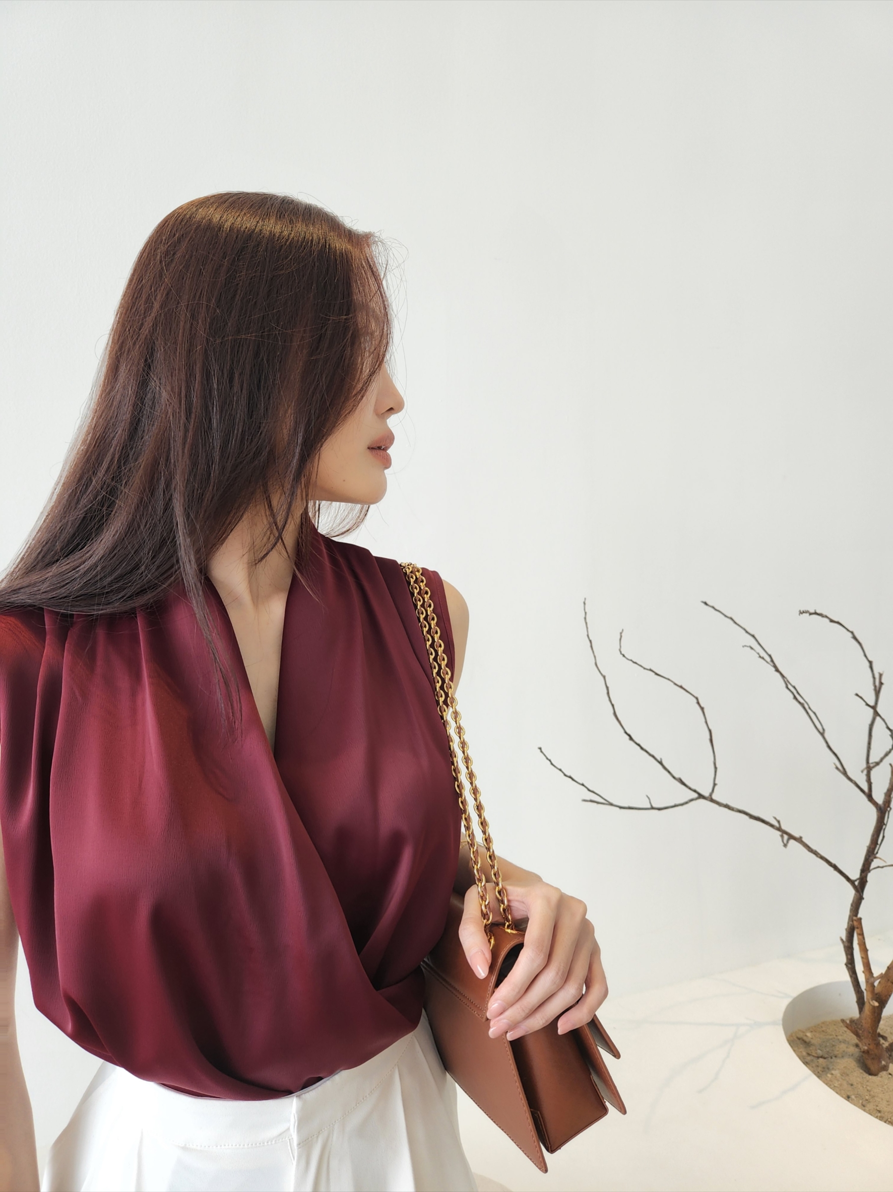 Cadey Front Wrap Satin OL Top-The Black Bow-