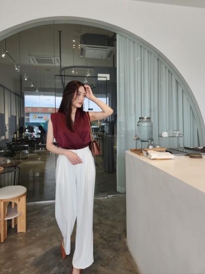 Cadey Front Wrap Satin OL Top-The Black Bow-