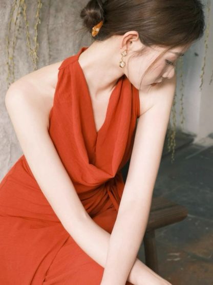 Leben Swing Collar Waist Tie Maxi Dress