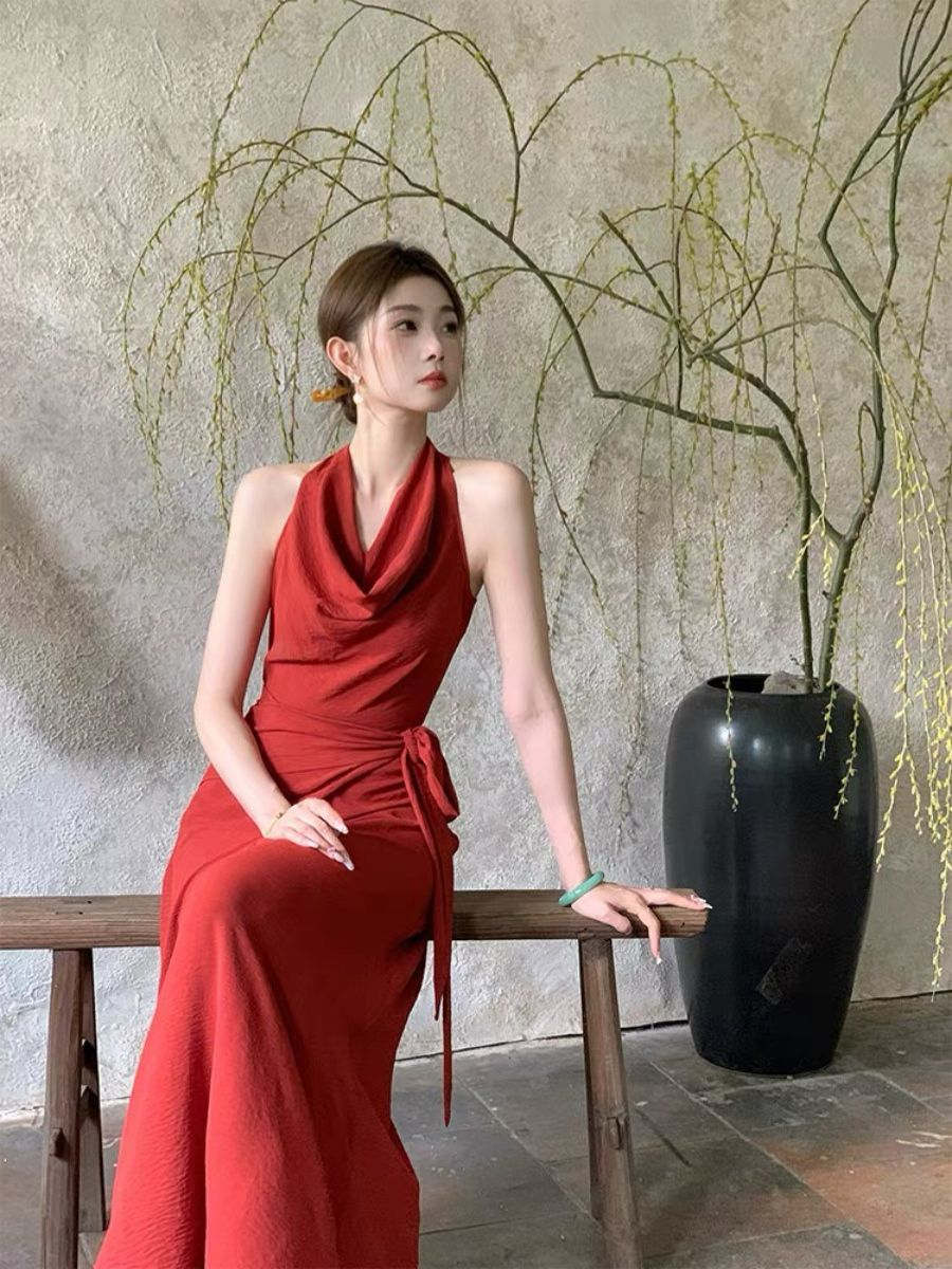 Leben Swing Collar Waist Tie Maxi Dress