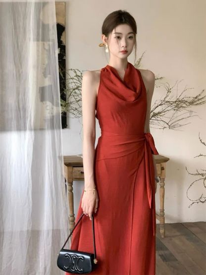 Leben Swing Collar Waist Tie Maxi Dress