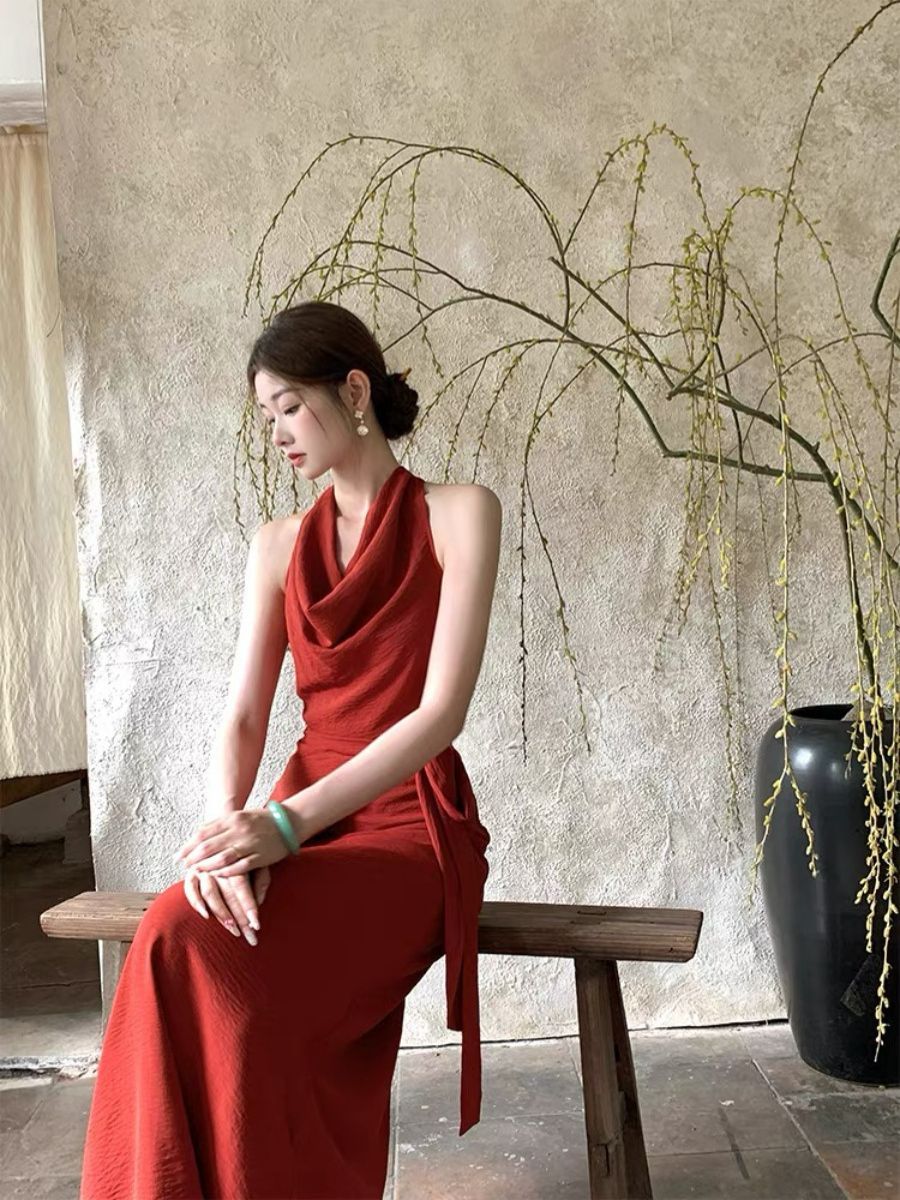 Leben Swing Collar Waist Tie Maxi Dress