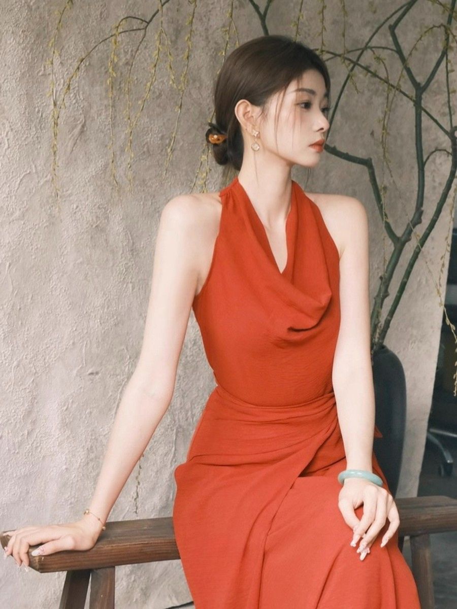 Leben Swing Collar Waist Tie Maxi Dress