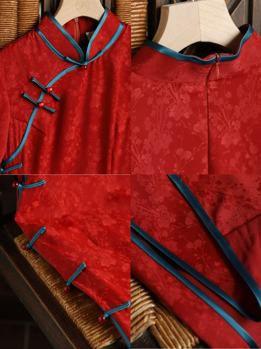 Yun Duan Contrast Trim Short Sleeve Cheongsam