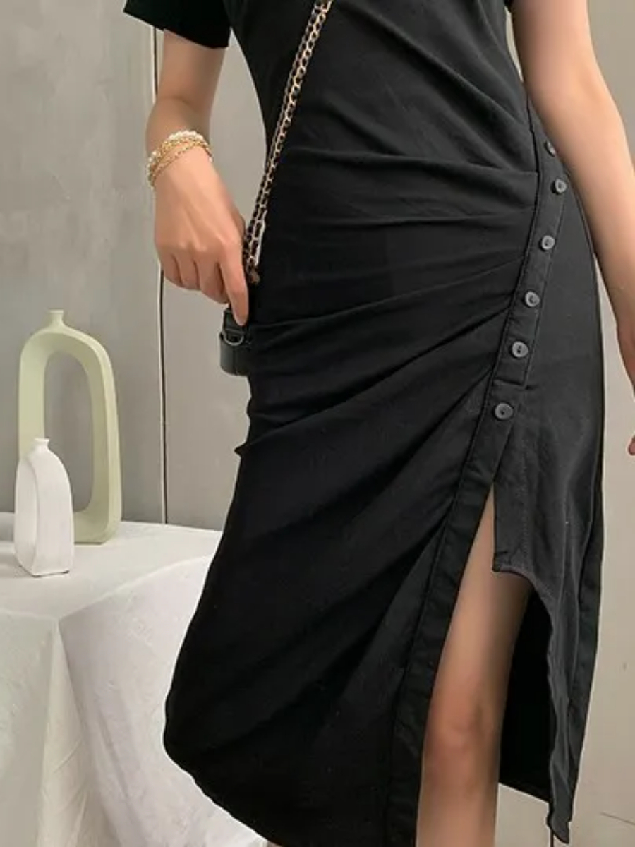Gladyna Button Side Slit Dress-The Black Bow-
