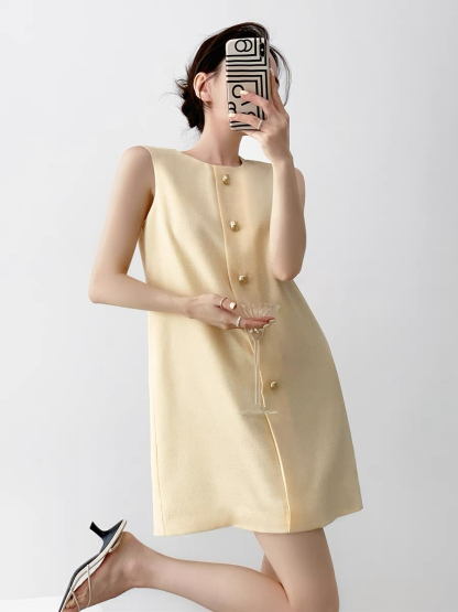 Natahja Sleeveless Button Shift Dress-The Black Bow-