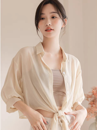 You Li Tie Up Sheer Chiffon Shirt -The Black Bow-