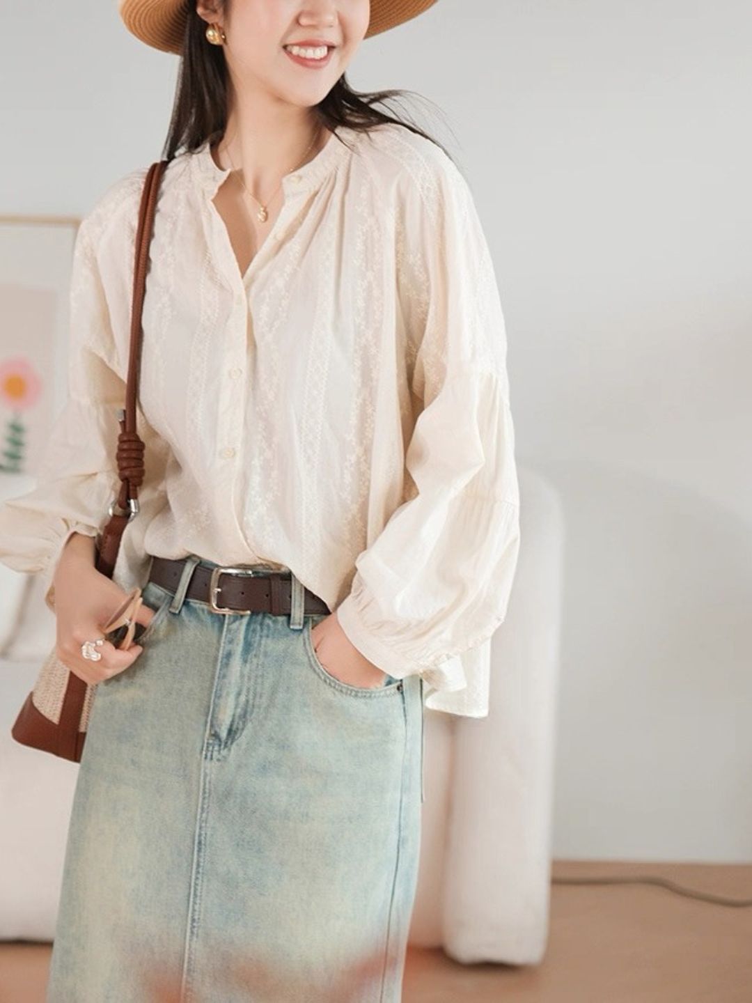 Ling Feng Stand Collar Floral Embosed Top