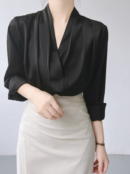 Jackie Shawl Collar Satin Shirt-The Black Bow-