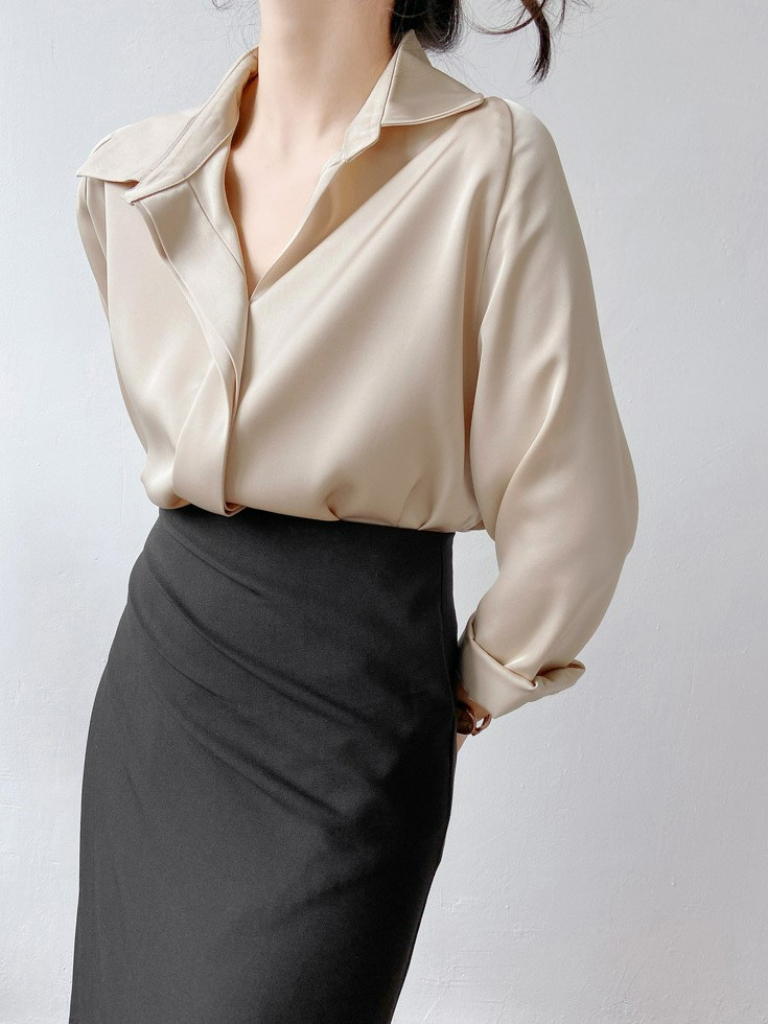 Jennica Hidden Button Satin Shirt (Discounted-XS Size)-The Black Bow-