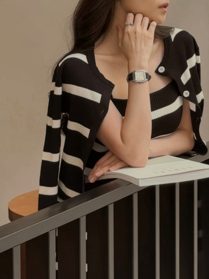 Orielle Striped Dress With Cardigan-The Black Bow-