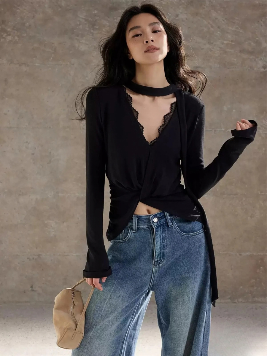 Harmony Lace-Trim Long-Sleeve Top