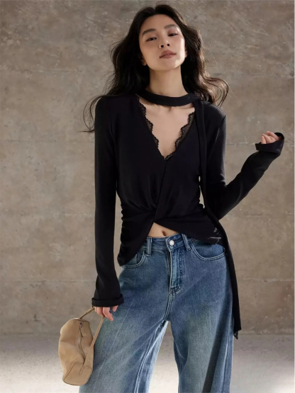Harmony Lace-Trim Long-Sleeve Top