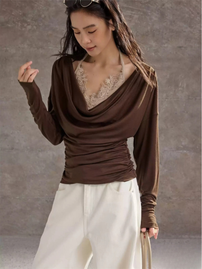Hesty Two-Piece Halter Neck & Draped Collar Long Sleeve Top (Sold Seperately)