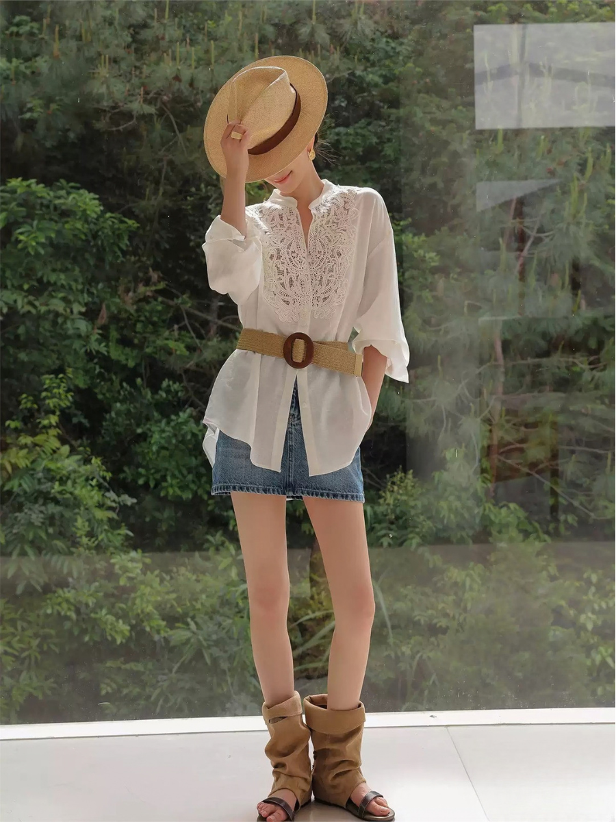 Henrietta Embroidered Lace-Panel Blouse