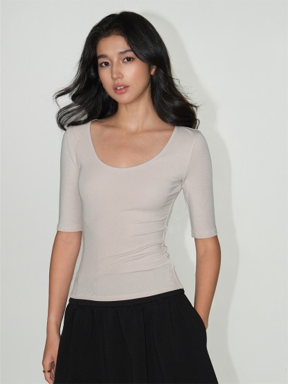 Liesel Scoop-Neck Elbow-Sleeve Top