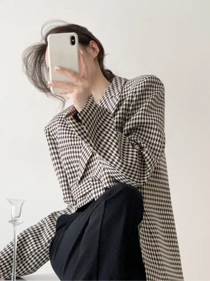 Leyna Houndstooth Asymmetric Cropped Front Blazer-The Black Bow-