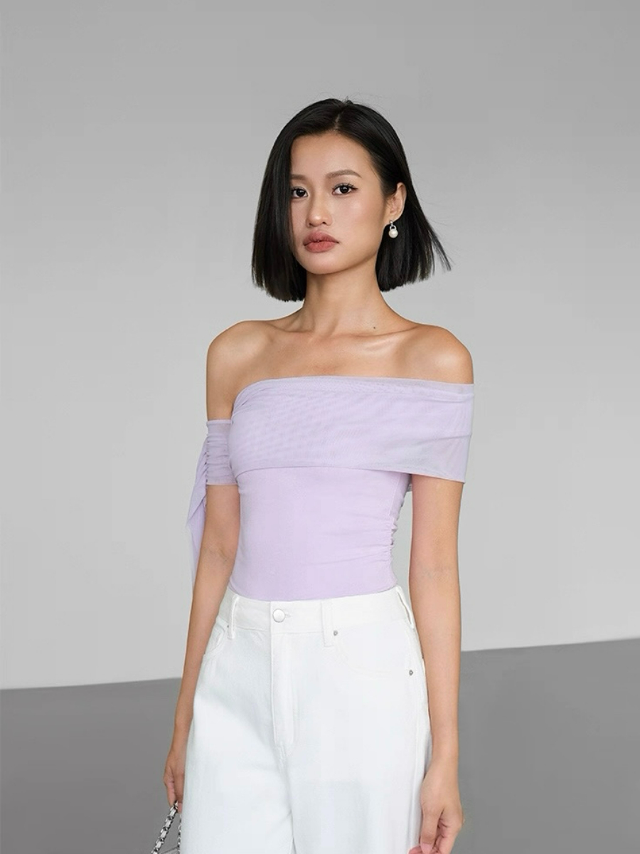 Alaina One Shoulder Top with Flowy Mesh Tie