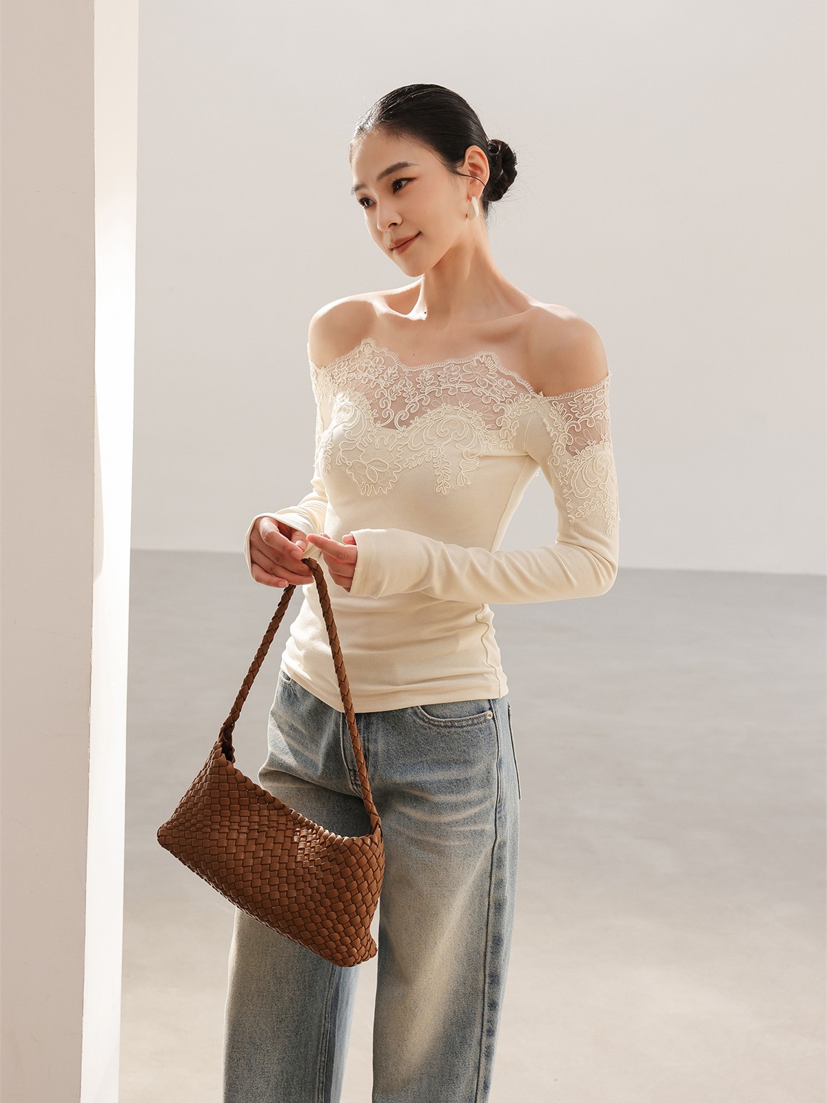 Helena Graceful Lace-Trim Knit Top