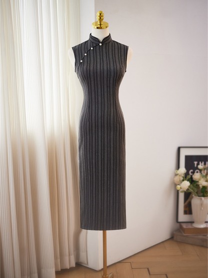 Yun Ca Pinstripe Sleeveless Cheongsam