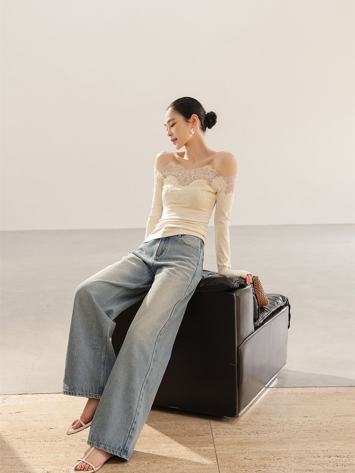 Helena Graceful Lace-Trim Knit Top
