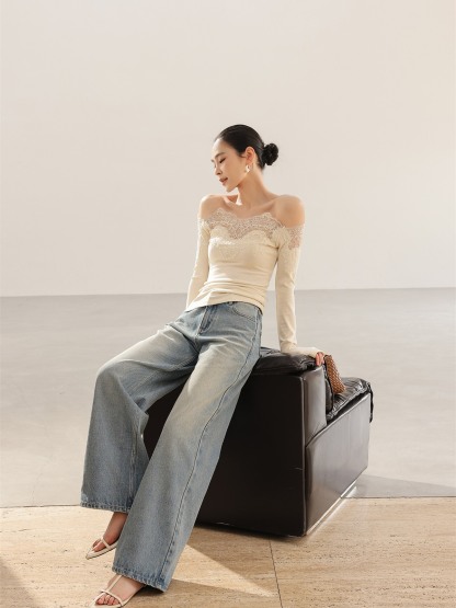 Helena Graceful Lace-Trim Knit Top