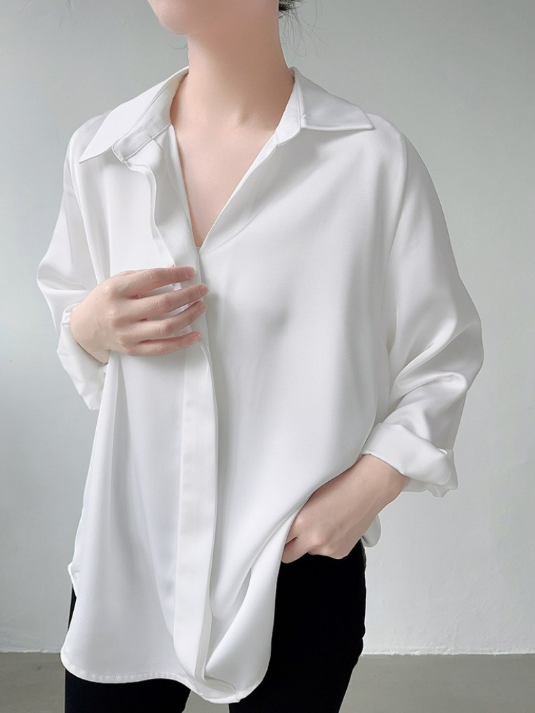 Jennica Hidden Button Satin Shirt (Discounted-XS Size)-The Black Bow-