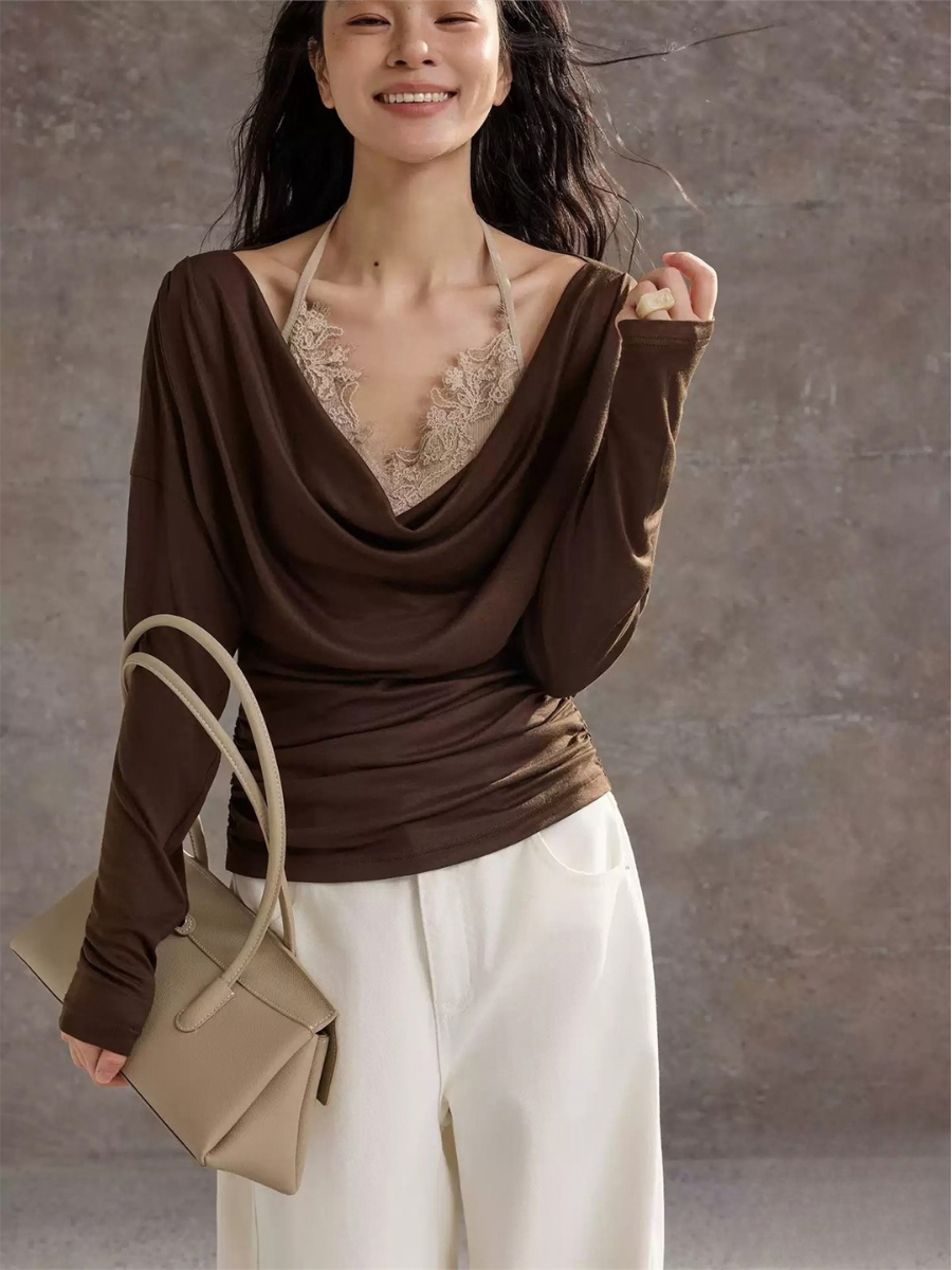 Hesty Two-Piece Halter Neck & Draped Collar Long Sleeve Top (Sold Seperately)