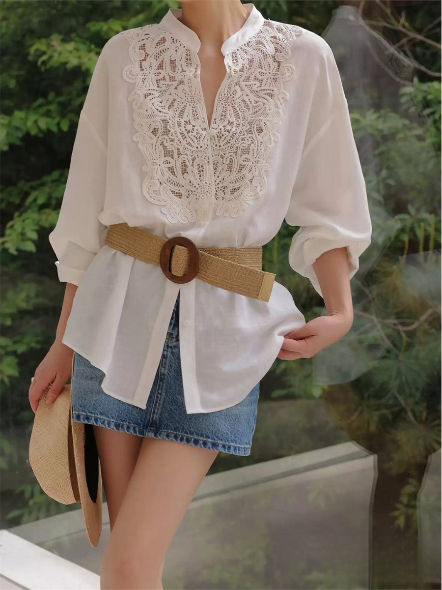 Henrietta Embroidered Lace-Panel Blouse