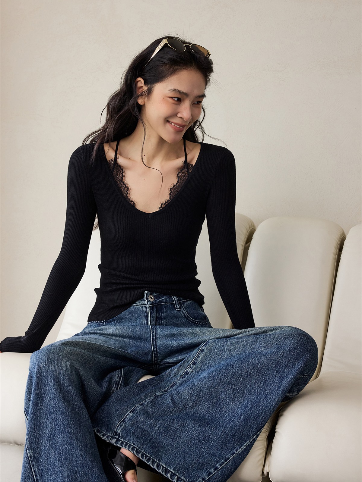 Hazel Lace-Trim Long-Sleeve Top