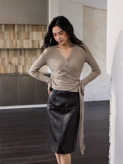 Honora Long-Sleeve Wrap Knit Top