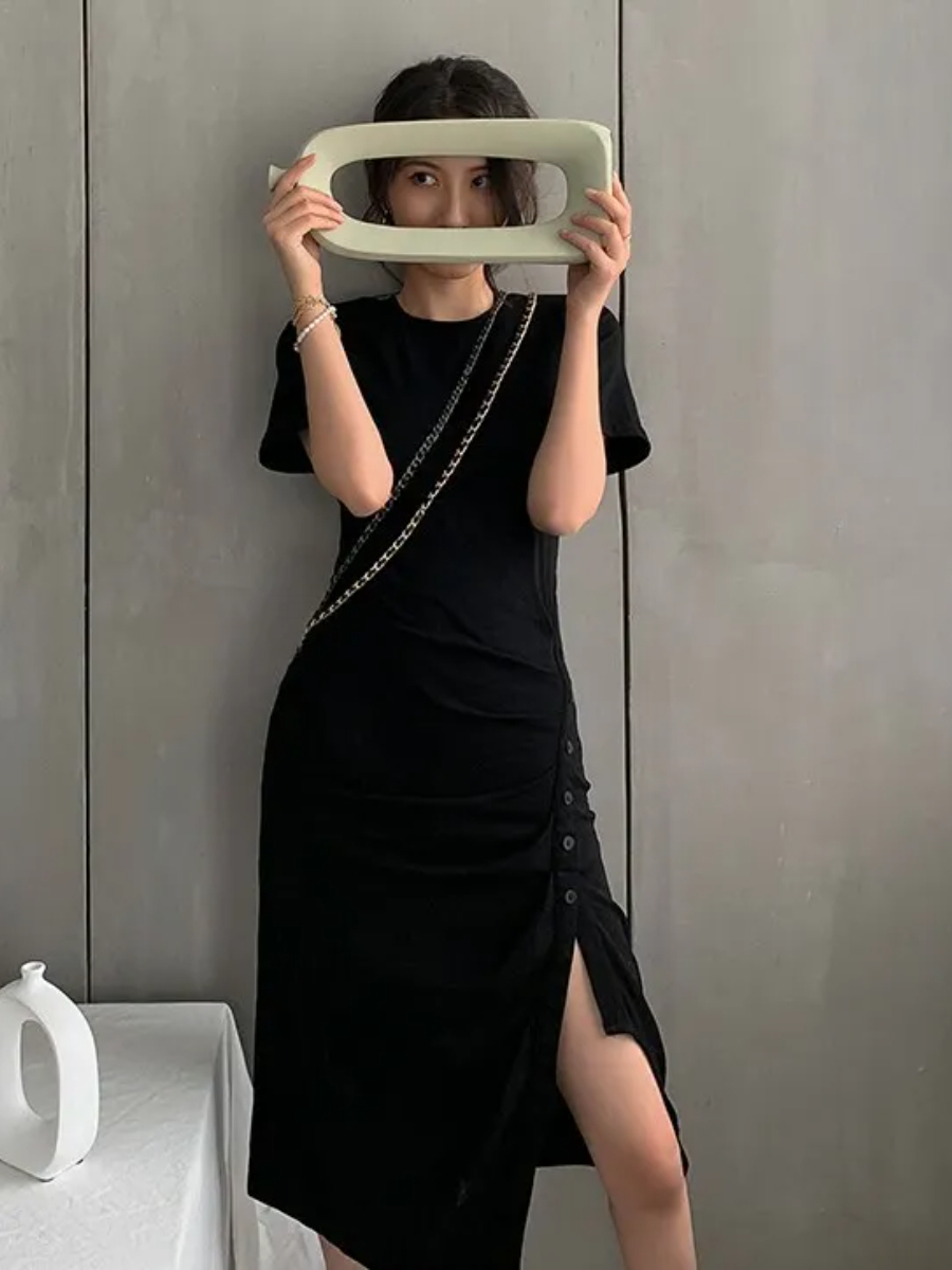 Gladyna Button Side Slit Dress-The Black Bow-