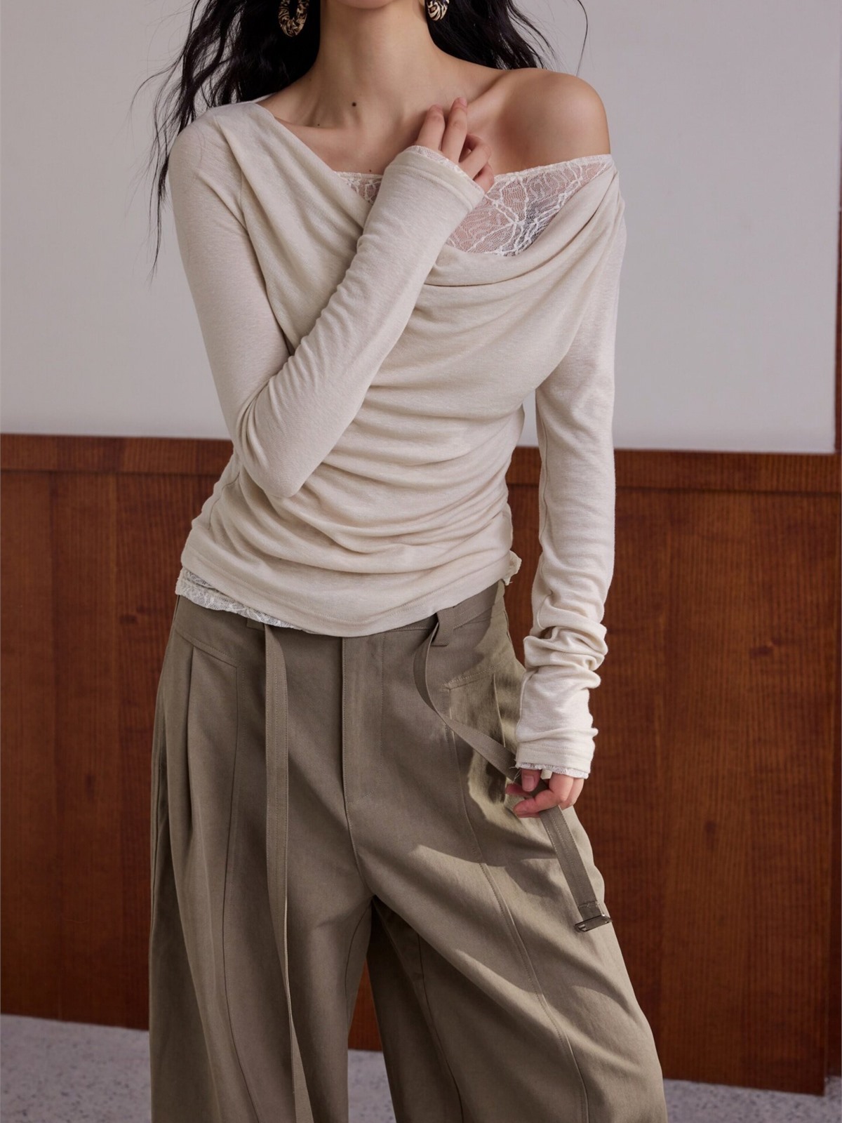Hary Lace Trim One Shoulder Long-Sleeve Top