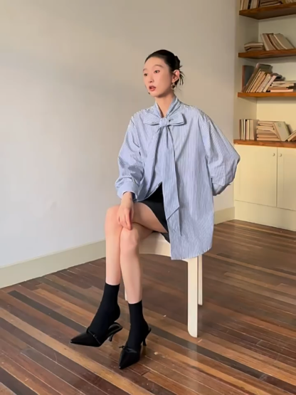 Yvonne Ribbon Tie Stripe Shirt