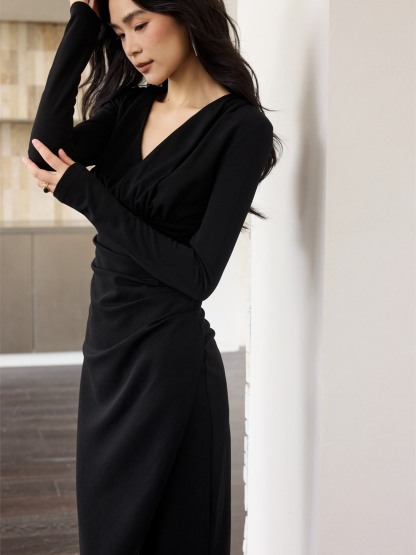 Helon Ruched Long-Sleeve Maxi Dress
