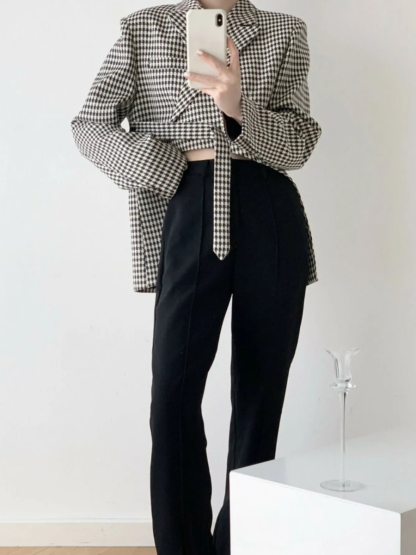 Leyna Houndstooth Asymmetric Cropped Front Blazer-The Black Bow-