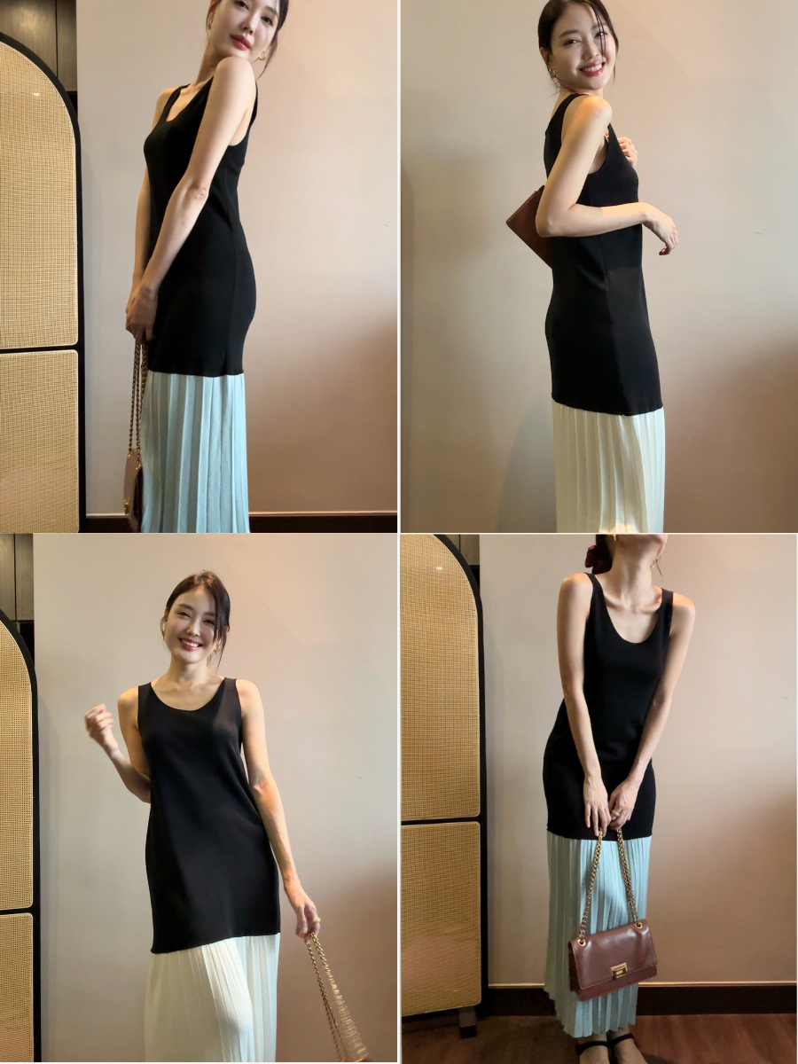 Elise Color Block Pleated Patchwork Knit Dress