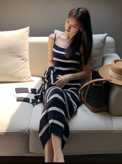 Orielle Striped Dress With Cardigan-The Black Bow-
