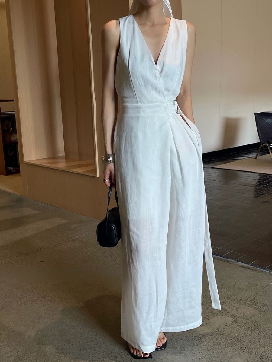 Antonia V Collar Belted Wide Leg Jumpsuit