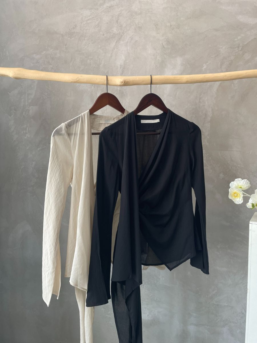 Koral Trumpet Sleeve Front Wrap Top-The Black Bow-