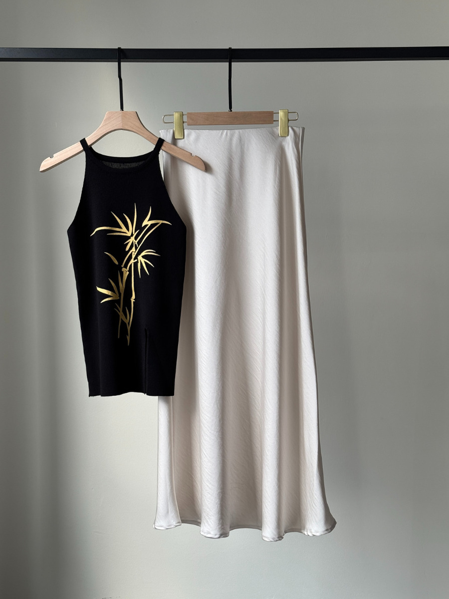 Audrey Textured Satin Bias Cutting Skirt-The Black Bow-