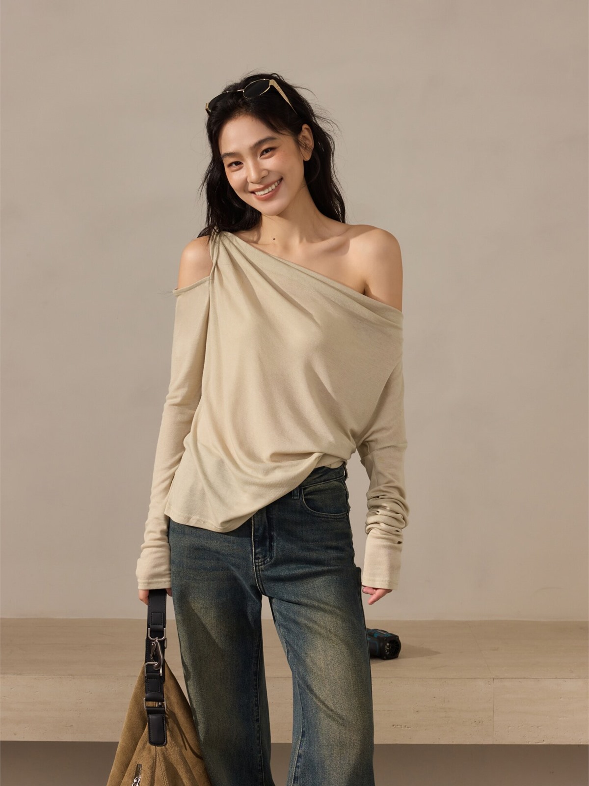 Hannah Asymmetric Draped Long-Sleeve Top