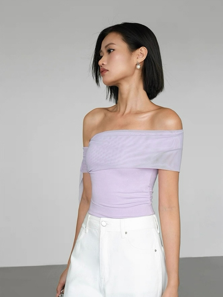 Alaina One Shoulder Top with Flowy Mesh Tie