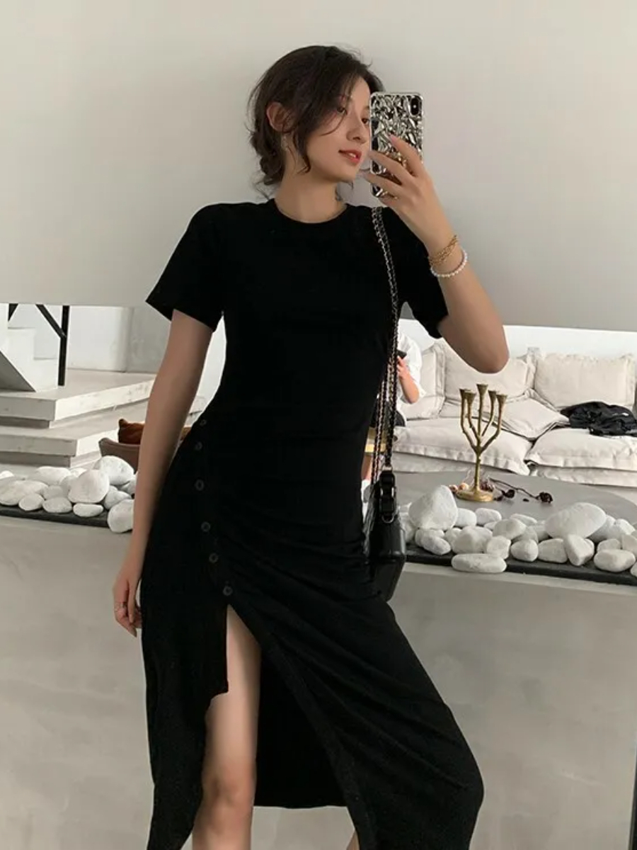 Gladyna Button Side Slit Dress-The Black Bow-