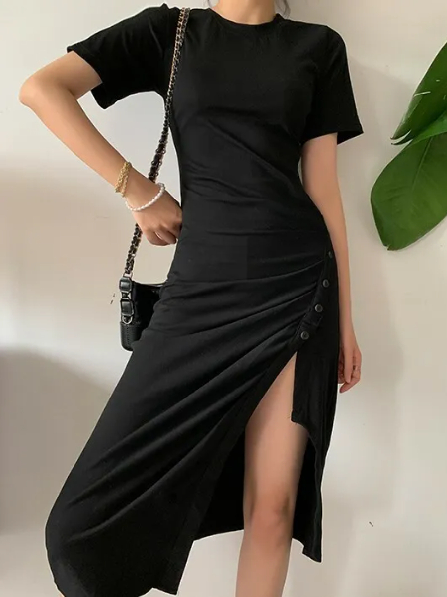 Gladyna Button Side Slit Dress-The Black Bow-