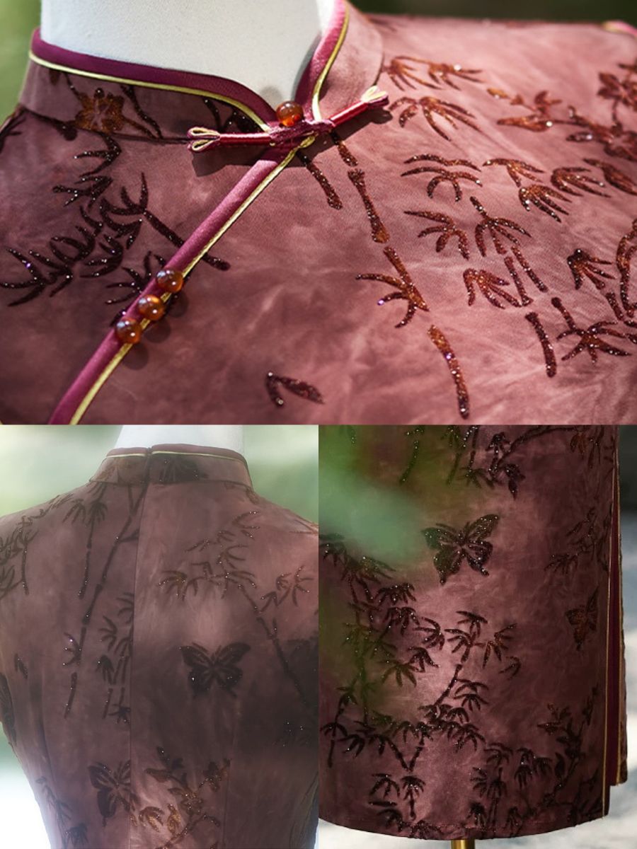 Yun Bang Botanical Flocked Sleeveless Cheongsam