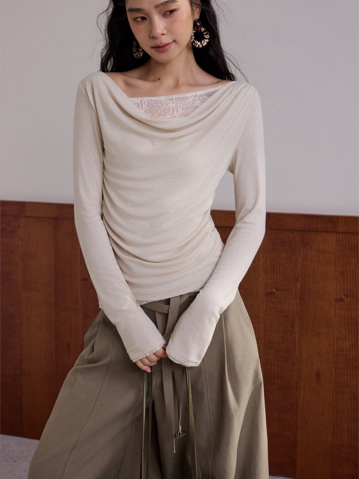 Hary Lace Trim One Shoulder Long-Sleeve Top